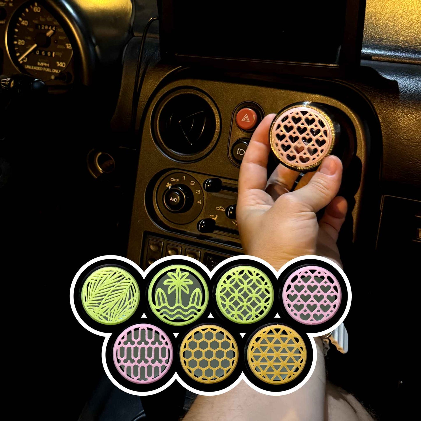 GlowCircles Air Vents – Custom, 3D printed, Glow in the dark. For MX5 Miata NA/NB/NBFL (Palms, Hearts, Stars, Hexagons, Stance and More)
